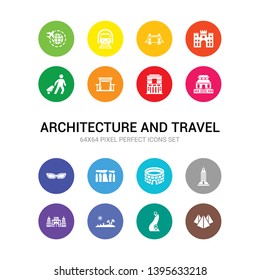 16 architecture and travel vector icons set included pyramids, route, safari desert, shopping center, skyscraper, stadium, stonehenge, sunglasses, temple of heaven, temple of the frescoes, torii
