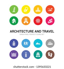 16 architecture and travel vector icons set included flip flops, forbidden city, fountain, gate, gateway arch, giza, grand tour, great buddha of thailand, great wall of china, helm, ho chi minh