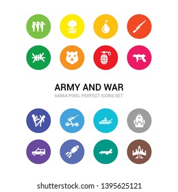 16 army and war vector icons set included air force, airplane, airplane bomb, armo vehicle, army backpack, army boat, artillery, assault, automatic gun, whizbang with rong, badge icons