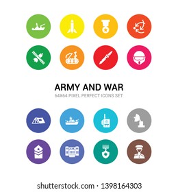 16 army and war vector icons set included lieutenant, medal, militar antique building, militar in, militar radar, radio, ship, tent, military helmet, military knife, military robot machine icons