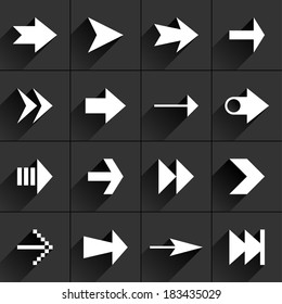 16 arrow flat icon with black long shadow (set 02). White sign on dark gray background. Tidy, clean, simple, minimal, solid, plain style. Vector illustration web internet design element 8 eps