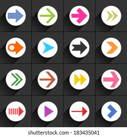 16 arrow flat icon with black long shadow (set 03 color). White sign on dark gray background. Tidy, clean, simple, minimal, solid, plain style. Vector illustration web internet design element 8 eps