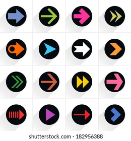 16 arrow flat icon with gray long shadow (set 03 color). Black sign on white background. Tidy, clean, simple, minimal, solid, plain style. Vector illustration web internet design element save in 8 eps