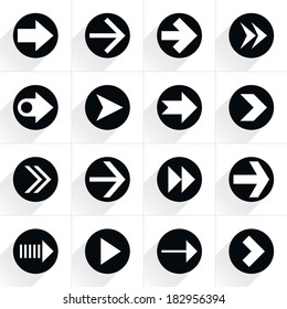 16 arrow flat icon with gray long shadow (set 03). Black sign on white background. Tidy, clean, simple, minimal, solid, plain style. Vector illustration web internet design element save in 8 eps