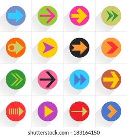 16 arrow flat icon with long shadow (set 03 color). Blue, green, pink, orange, brown, yellow, violet, purple, red, cobalt, magenta signs on white background. Vector illustration web design in 8 eps