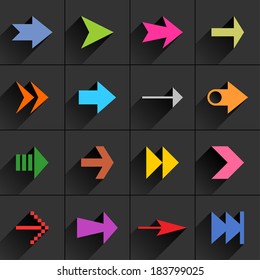 16 arrow flat icon with long shadow (set 02). 