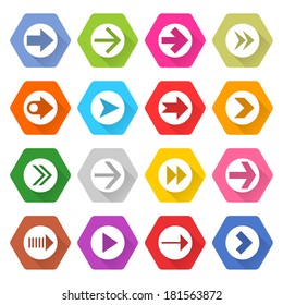 16 arrow icon long shadow set 03. White sign on colored rounded hexagon web button on white background. Simple flat style. Vector illustration internet design graphic element 10 eps