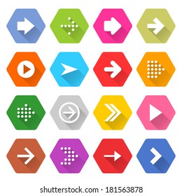 16 arrow icon long shadow set 01. White sign on colored rounded hexagon web button on white background. Simple flat style. Vector illustration internet design graphic element 10 eps