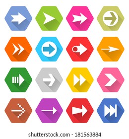16 arrow icon long shadow set 02. White sign on colored rounded hexagon web button on white background. Simple flat style. Vector illustration internet design graphic element 10 eps