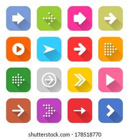 16 arrow icon set 01 (white sign on color). Rounded square web button on white background. Simple minimalistic mono flat long shadow style. Vector illustration internet design graphic element 10 eps