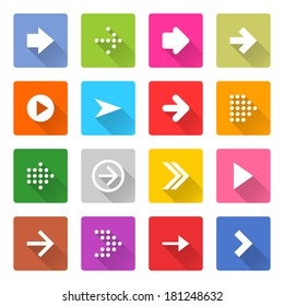 16 arrow icon set 01 (white sign on color). Square web button on white background. Simple minimalistic mono flat long shadow style. Vector illustration internet design graphic element 10 eps