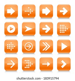 16 arrow icon set 01. White sign on orange rounded square button with gray reflection, black shadow on white background. Glossy style. Vector illustration web design element save in 8 eps