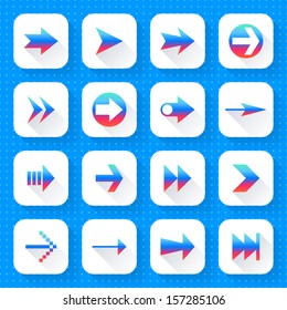 16 arrow icon set 02 (gradient sign on white). Square web internet button on blue background with blueprint paper texture imitation. Simple flat long shadow style. Vector illustration design in 10 eps