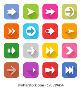 16 arrow icon set 02 (white sign on color). Rounded square web button on white background. Simple minimalistic mono flat long shadow style. Vector illustration internet design graphic element 10 eps