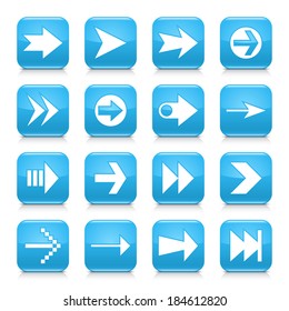 16 arrow icon set 02. White sign on blue rounded square button with gray reflection, black shadow on white background. Glossy style. Vector illustration web design element save in 8 eps