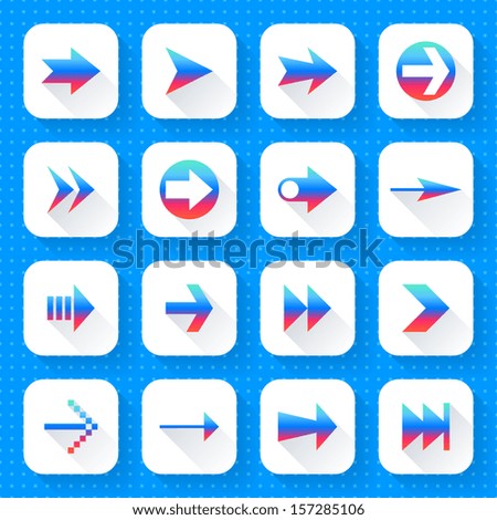 16 arrow icon set 02 (gradient sign on white). Square web internet button on blue background with blueprint paper texture imitation. Simple flat long shadow style. Vector illustration design in 10 eps