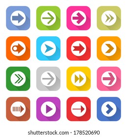 Icono de flecha de 16 set 03 (signo blanco en color). Botón web cuadrado redondeado sobre fondo blanco. Sencillo estilo minimalista mono plano largo. Ilustración vectorial elemento gráfico de diseño de Internet 10 pasos