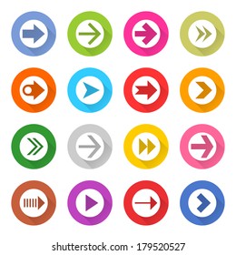 16 arrow icon set 03 (white sign on color). Circle web button on white background. Simple minimalistic mono flat long shadow style. Vector illustration internet design graphic element 10 eps