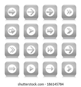 16 arrow icon set 03. White sign on gray rounded square button with gray reflection, black shadow on white background. Glossy style. Vector illustration web design element save in 8 eps