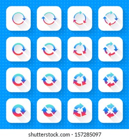 16 arrow icon set 04 (gradient sign on white). Square web internet button on blue background with blueprint paper texture imitation. Simple flat long shadow style. Vector illustration design in 10 eps