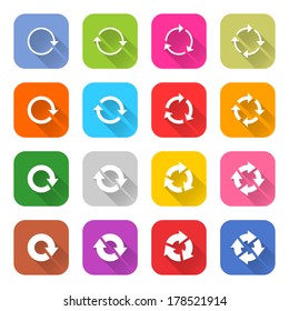16 arrow icon set 04 (white sign on color). Rounded square web button on white background. Simple minimalistic mono flat long shadow style. Vector illustration internet design graphic element 10 eps