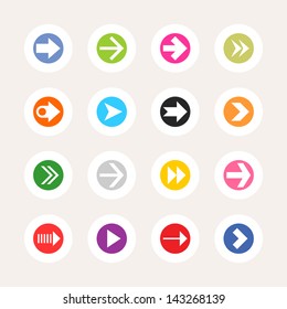 16 arrow icon set sign in circle. Color on white. Set 03. Simple circle internet button. Solid plain monochrome flat tile. Minimal modern metro style. Vector illustration web design elements 8 eps