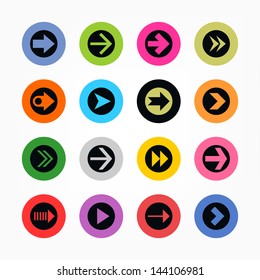 16 arrow icon set sign in circle. Black on color. Set 03. Simple circle internet button. Solid plain monochrome flat tile. Minimal modern metro style. Vector illustration web design elements 8 eps