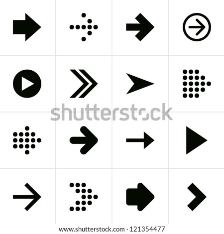 16 arrow pictogram black icon set. Simple web sign on white background. Modern contemporary solid plain flat mono minimal style. This vector illustration design elements saved in 8 eps