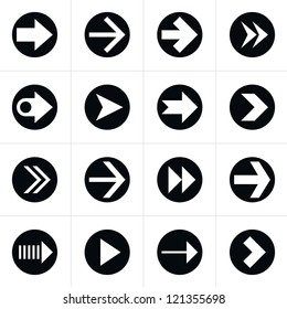 16 arrow pictogram in circle sign set. Simple black icon on white background. Modern contemporary solid plain flat minimal style. This vector illustration web design elements saved in 8 eps