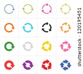 16 arrow pictogram refresh reload rotation loop sign set. Simple color web icon on white background. Modern contemporary solid plain flat minimal style. Vector illustration design elements 8 eps