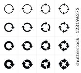 16 arrow pictogram refresh reload rotation loop sign set. Modern contemporary mono solid plain flat minimal style. Simple black icon on white background. Vector illustration web design elements 8 eps