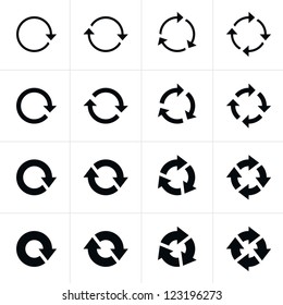 16 arrow pictogram refresh reload rotation loop sign set. Modern contemporary mono solid plain flat minimal style. Simple black icon on white background. Vector illustration web design elements 8 eps