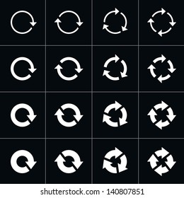 16 arrow pictogram refresh reload rotation loop sign set. Modern contemporary mono solid plain flat minimal style. Simple white icon on black background. Vector illustration web design elements 8 eps