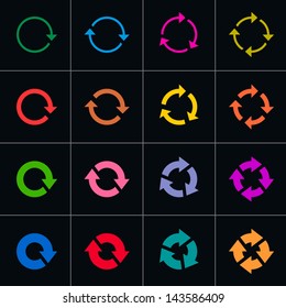 16 arrow pictogram refresh reload rotation loop sign set. Volume 04. Simple color web icon on black background. Contemporary solid plain flat minimal style. Vector illustration design elements 8 eps