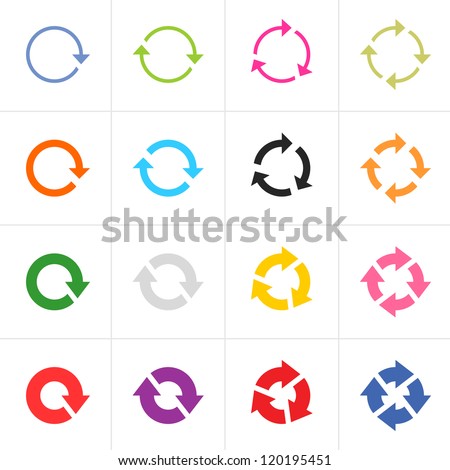 16 arrow pictogram refresh reload rotation loop sign set. Simple color web icon on white background. Modern contemporary solid plain flat minimal style. Vector illustration design elements 8 eps