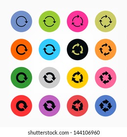 16 arrow refresh icon reload sign set. Black on color. Set 04. Simple circle internet button. Solid plain monochrome color flat tile. Minimal metro style. Vector illustration web design elements 8 eps
