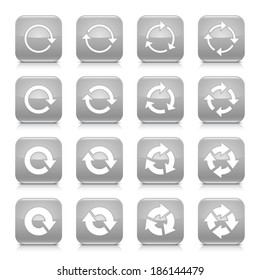 16 arrow reload, rotation icon set 04. White sign on gray rounded square button with gray reflection, black shadow on white background. Glossy style. Vector illustration web design element in 8 eps
