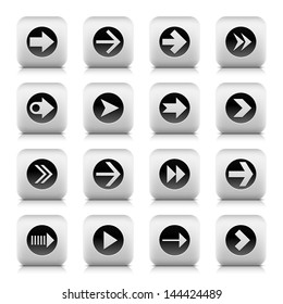 16 arrow sign in circle gray icon (set 03). Series stone style. Black pictogram in rounded square button with shadow, reflection on white background. Vector illustration web design element in 8 eps