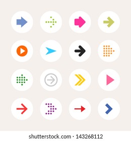 16 arrow sign icon set. Color on white. Set 01. Solid plain monochrome flat tile. Simple round shape internet button. Contemporary modern metro style. Web design elements vector illustration 8 eps