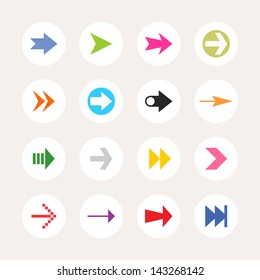 16 arrow sign icon set. Color on white. Set 02. Solid plain color flat tile. Simple circle shape internet button. Contemporary modern metro style. Web design elements vector illustration 8 eps