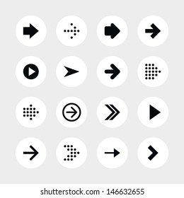 16 arrow sign icon set 01. Black pictogram on white circle button. Solid plain monochrome flat tile. Simple contemporary modern style. Web design element vector illustration save in 8 eps