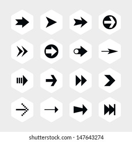 16 arrow sign icon set 02. Black pictogram on white hexagon button. Solid plain monochrome flat tile. Simple contemporary modern style. Web design element vector illustration save in 8 eps