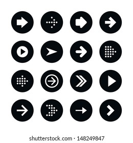 16 arrow sign icon set 01. White pictogram on black circle button. Solid plain monochrome flat tile. Simple contemporary modern style. Web design element vector illustration save in 8 eps