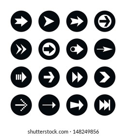 16 arrow sign icon set 02. White pictogram on black circle button. Solid plain monochrome flat tile. Simple contemporary modern style. Web design element vector illustration save in 8 eps