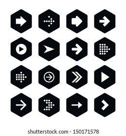 16 arrow sign icon set 01. White pictogram on black hexagon button. Solid plain monochrome flat tile. Simple contemporary modern style. Web design element vector illustration save in 8 eps