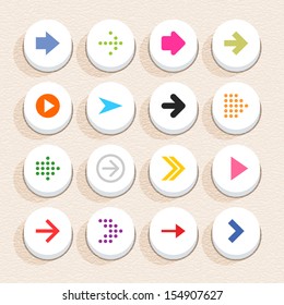 16 arrow sign icon set 01 (color on white). Circle button web internet shape with shadow on beige paper background with plastic texture. Simple flat style. Vector illustration design element in 10 eps