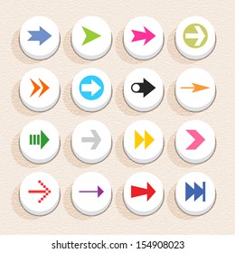 16 arrow sign icon set 02 (color on white). Circle button web internet shape with shadow on beige paper background with plastic texture. Simple flat style. Vector illustration design element in 10 eps