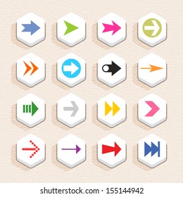 16 arrow sign icon set 02 (color on white). Hexagon button web internet shape with shadow on beige paper background with plastic texture. Simple flat style. Vector illustration design element 10 eps