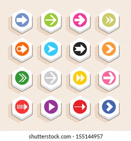 16 arrow sign icon set 03 (color on white). Hexagon button web internet shape with shadow on beige paper background with plastic texture. Simple flat style. Vector illustration design element 10 eps