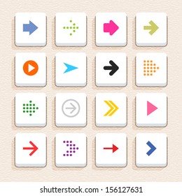 16 arrow sign icon set 01 (color on white). Square web internet button with long shadow on beige paper background with plastic texture. Simple flat style. Vector illustration design element in 10 eps